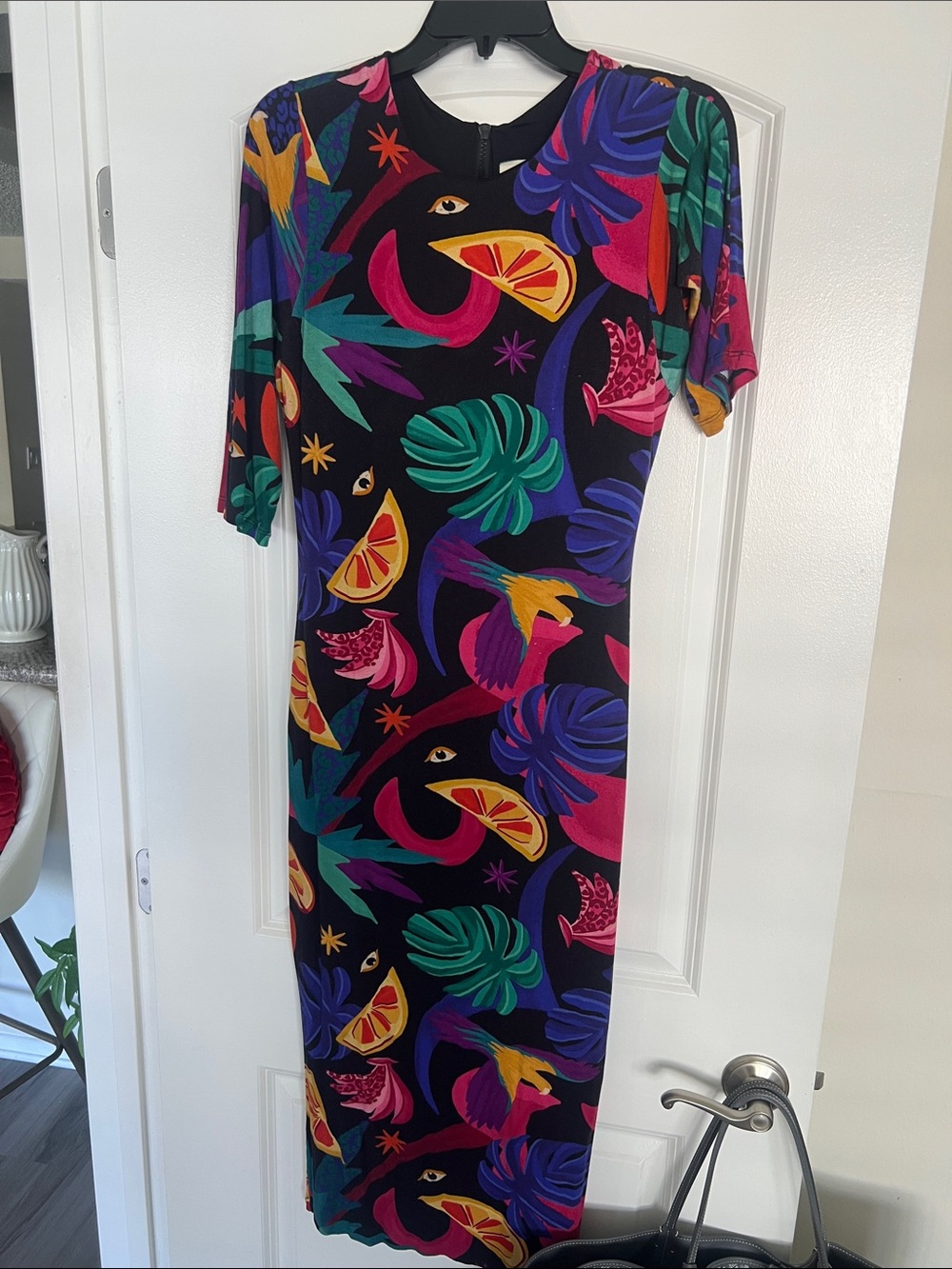 FARM Rio Black Midi Dress with Bright Tropical Print